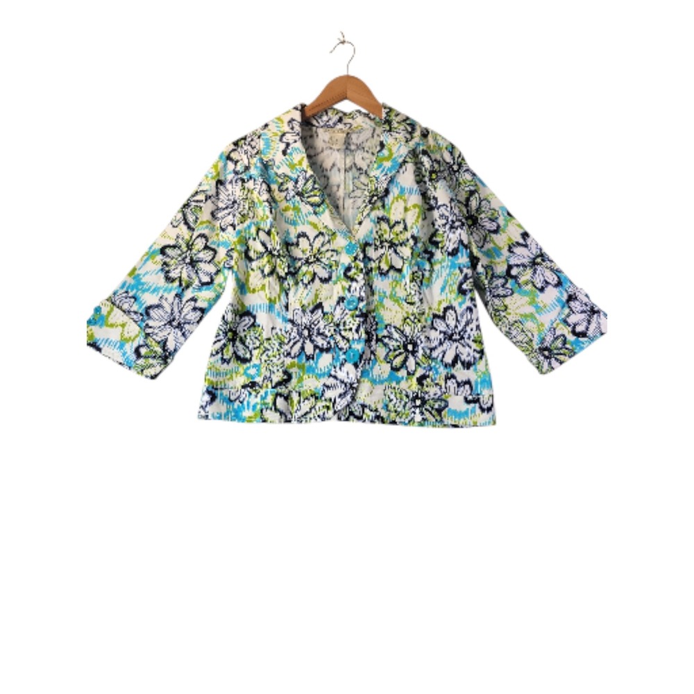 Requirements Womens M Floral Blazer Jacket Blue Green Stretch Spring Resort